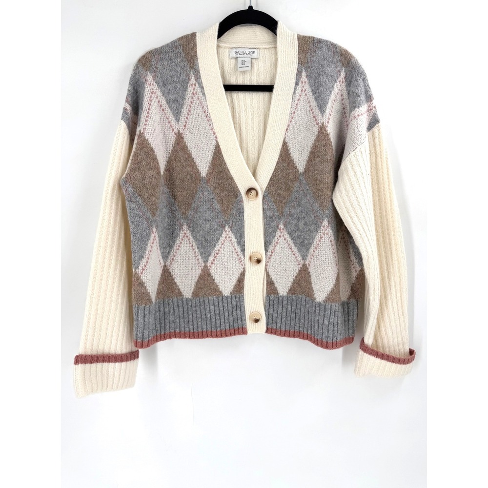 Rachel Zoe Argyle Cardigan Womens Small Cream Grey V-Neck Preppy Oxford Academia - Picture 2 of 8